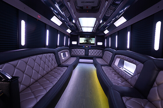 the interior of a Plymouth party bus rental near the detroit area